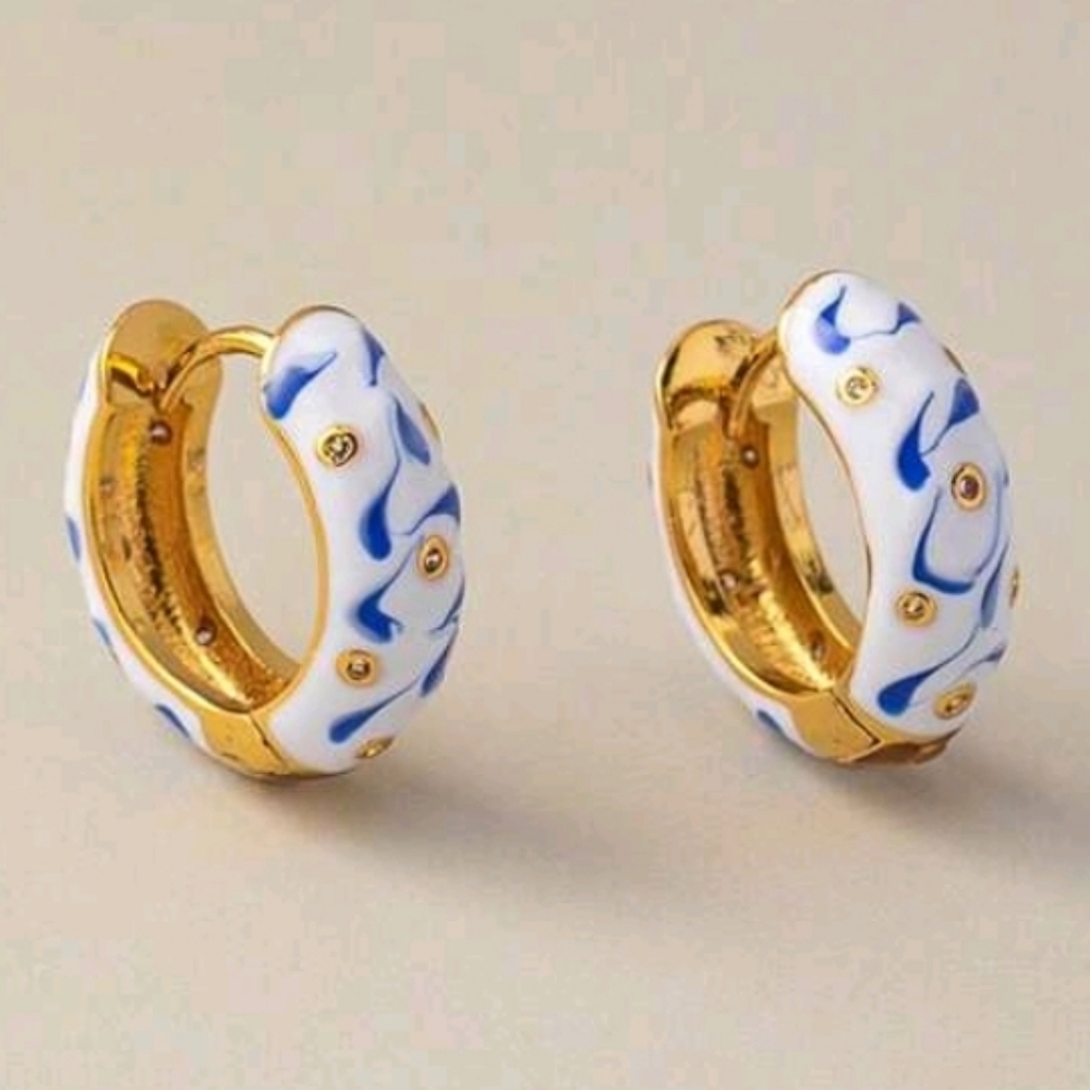 NEW!'14K Gold Plated Blue & White Enamel Porcelanite Small Huggie Hoop Earrings